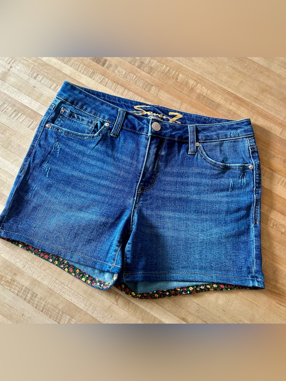 Seven7 Blue Denim Shorts with Floral Hem
